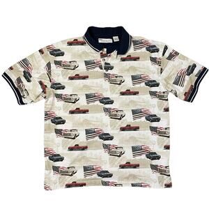 American Summer Classic Polo Mens Size L Car Flag Novelty Print Holiday Shirt